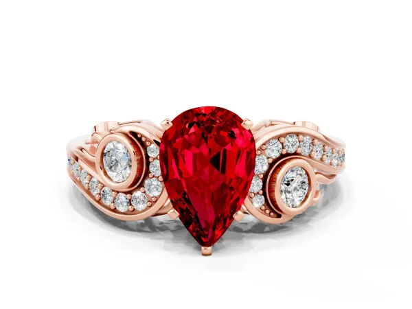 Pear Cut Ruby Solitaire Ring with Milgrain Pavé Band and Four-Prong Setting Rose gold