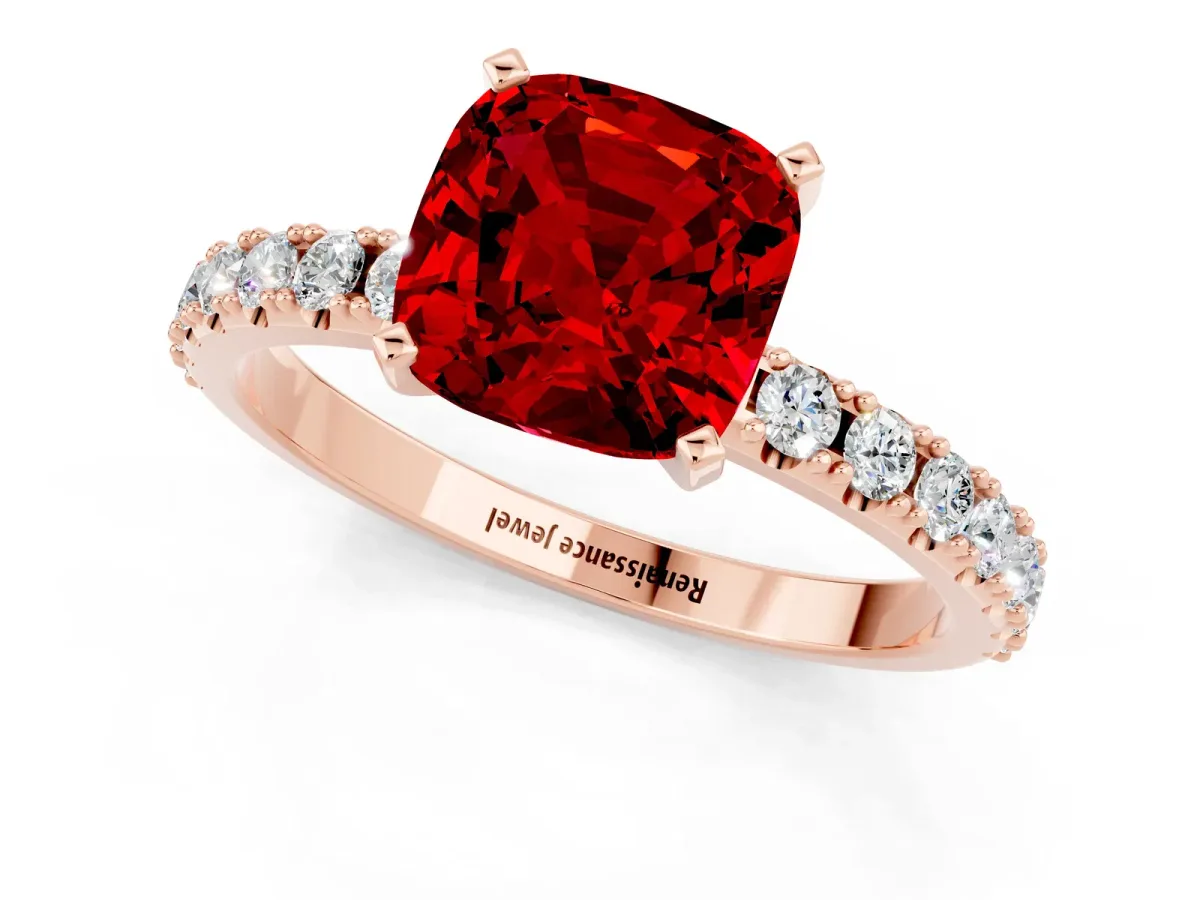 Cushion Cut Ruby Solitaire Pavé Band with Four-Prong Setting Rose gold