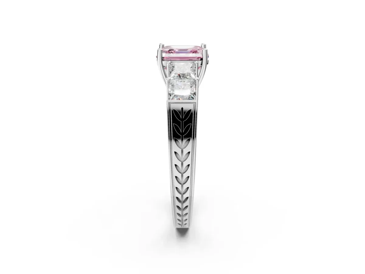 Fancy Pink Asscher Cut Solitaire Princess Side Stone Engraved Band Prong Setting Ring Silver