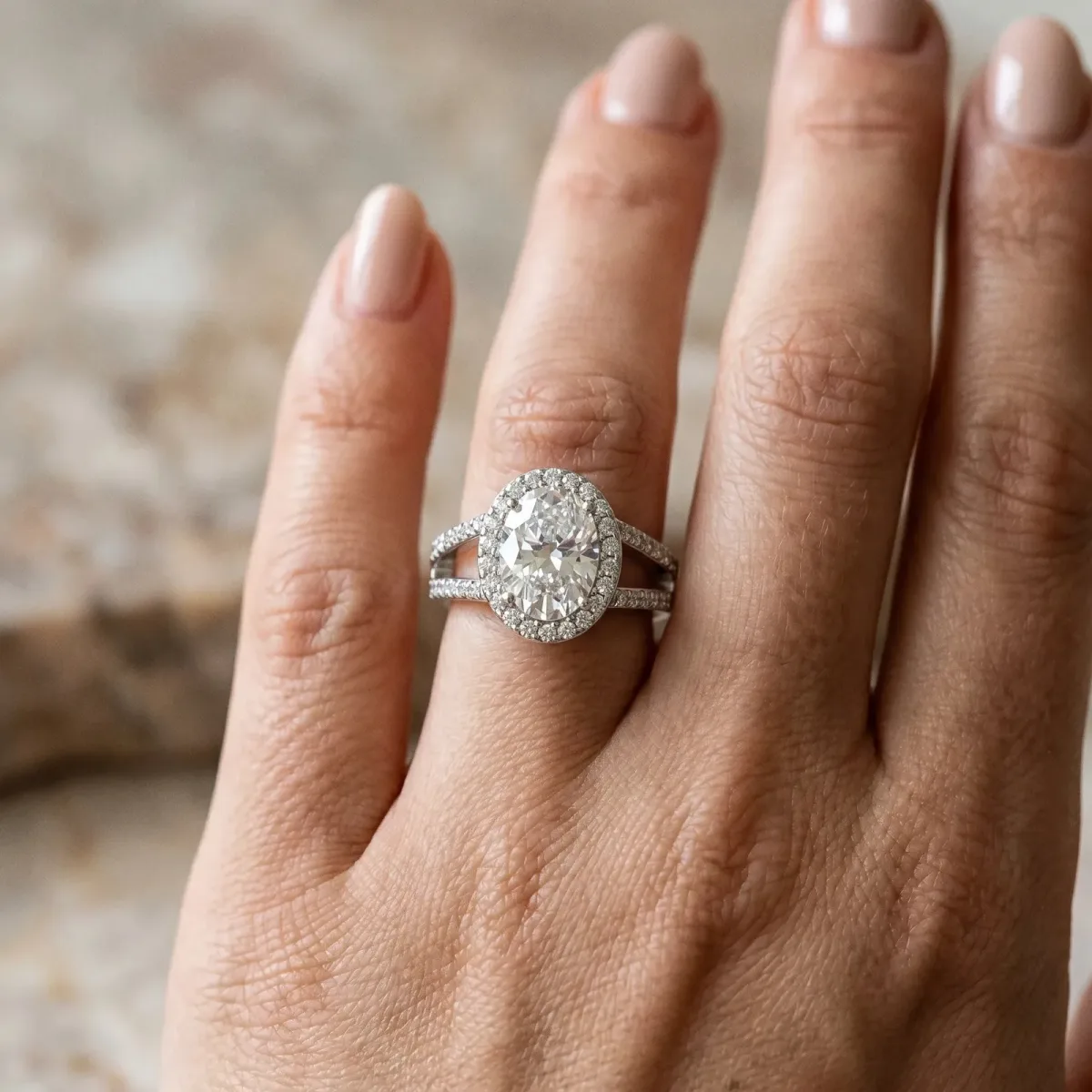 Oval Cut Diamond Halo Ring with Split Shank U-Prong Band and Four-Prong Setting Silver