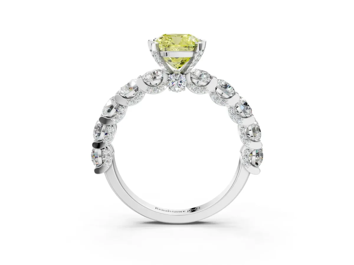 Fancy Yellow Cushion Cut Diamond Side Stone Engagement Ring with Four-Prong Setting Silver
