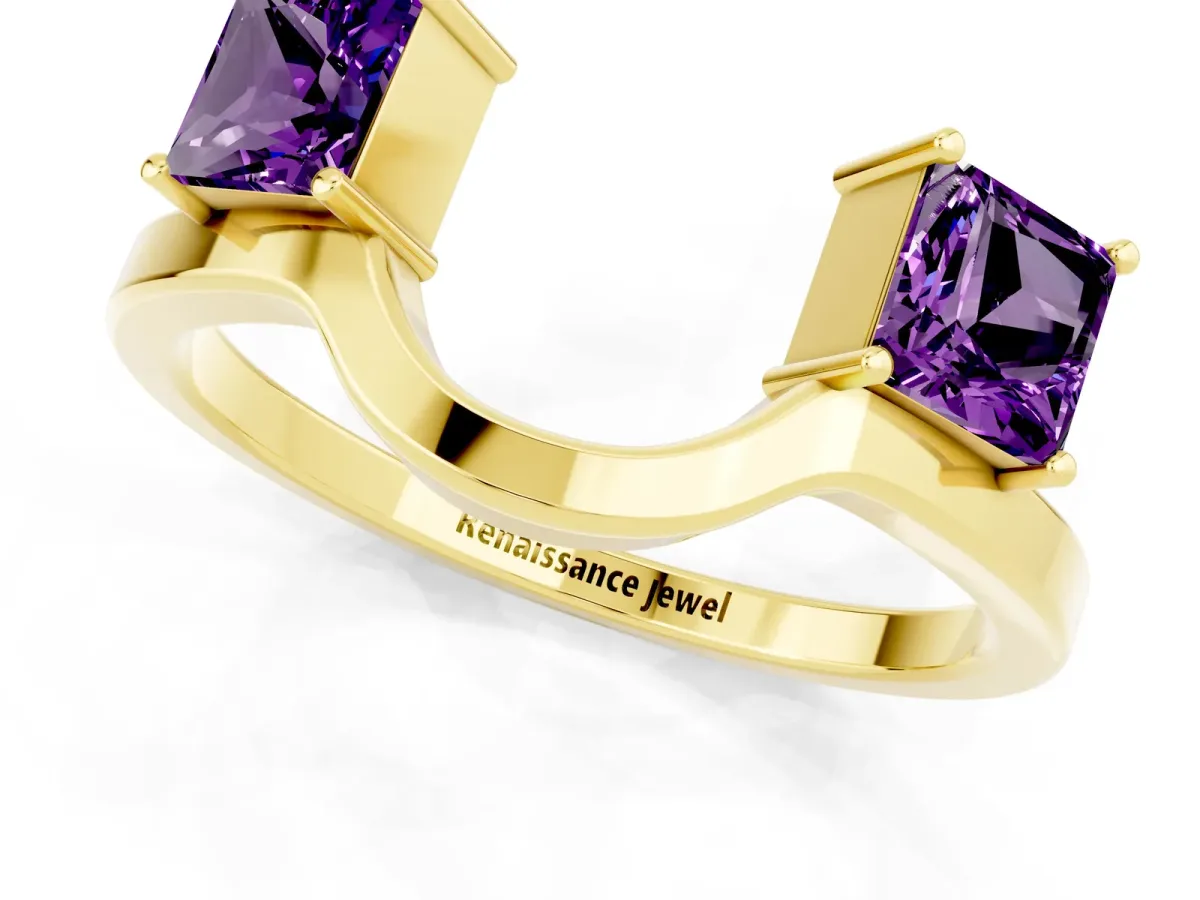 Princess Cut Amethyst Two-Stone Open Band Ring with Four-Prong Setting Yellow gold
