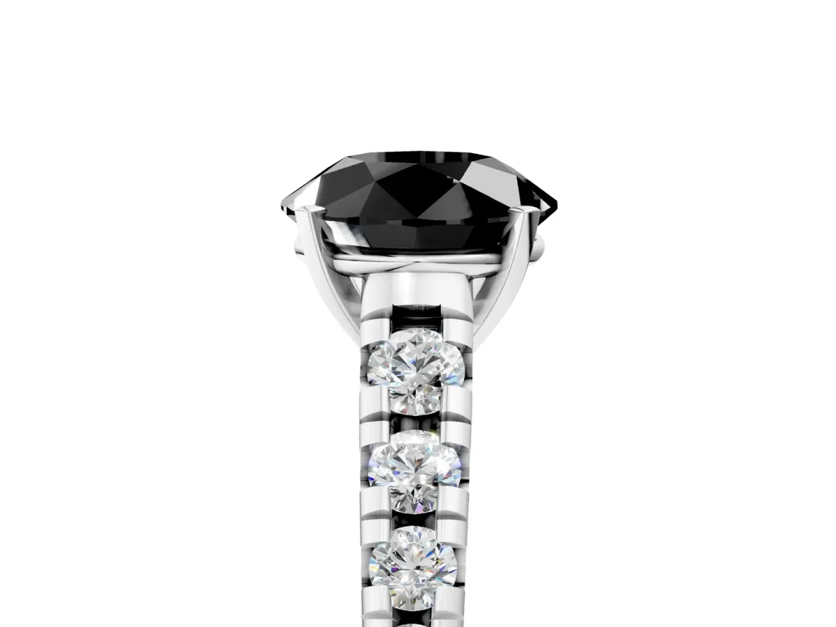 Fancy Black Round Cut Diamond Cathedral Solitaire Ring with Round Pavé Band Silver