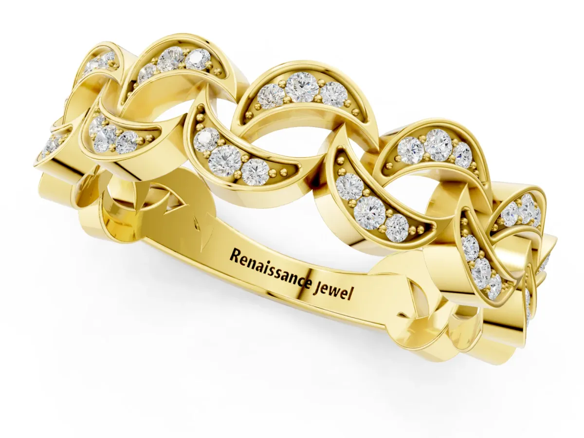 Pavé Round Diamond Interlocking Eternity Band with Bezel Prong Setting Yellow gold