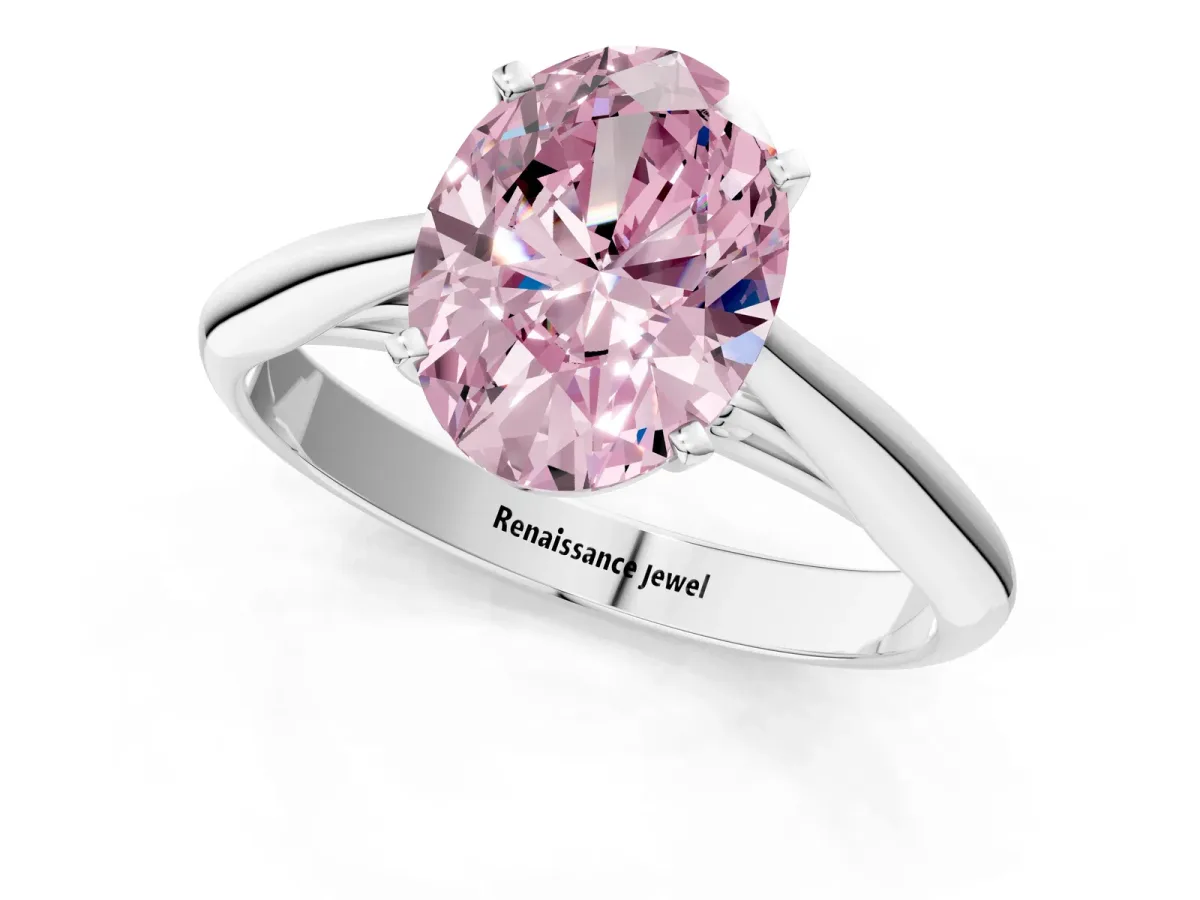 Fancy Pink Oval Cut Diamond Solitaire Engagement Ring with Cathedral Setting and Four-Prong Mount Silver