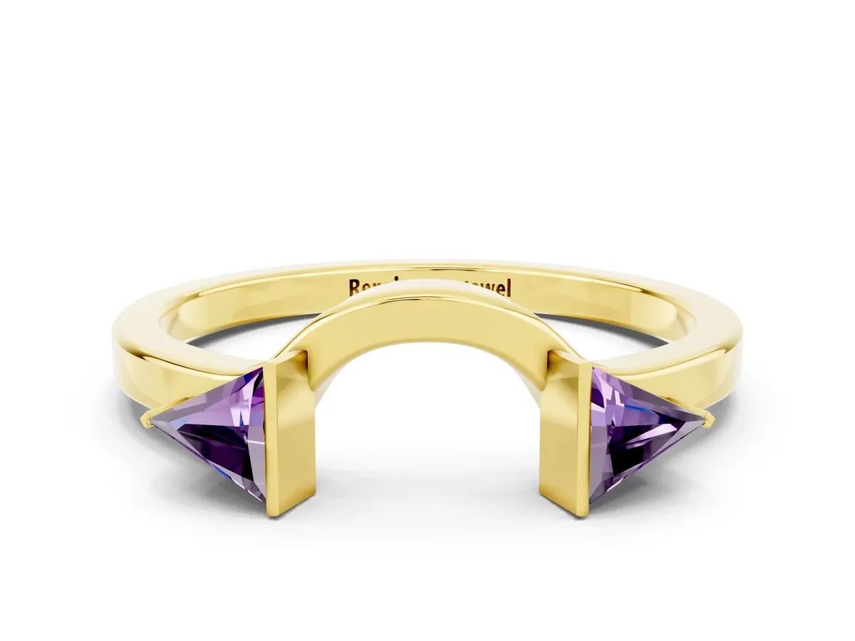 Trillion Amethyst Open Band Ring with Bezel Setting Yellow gold