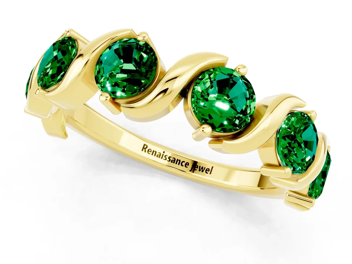 Six-Stone Round Emerald Wave Band with Shared Prong Setting Yellow gold