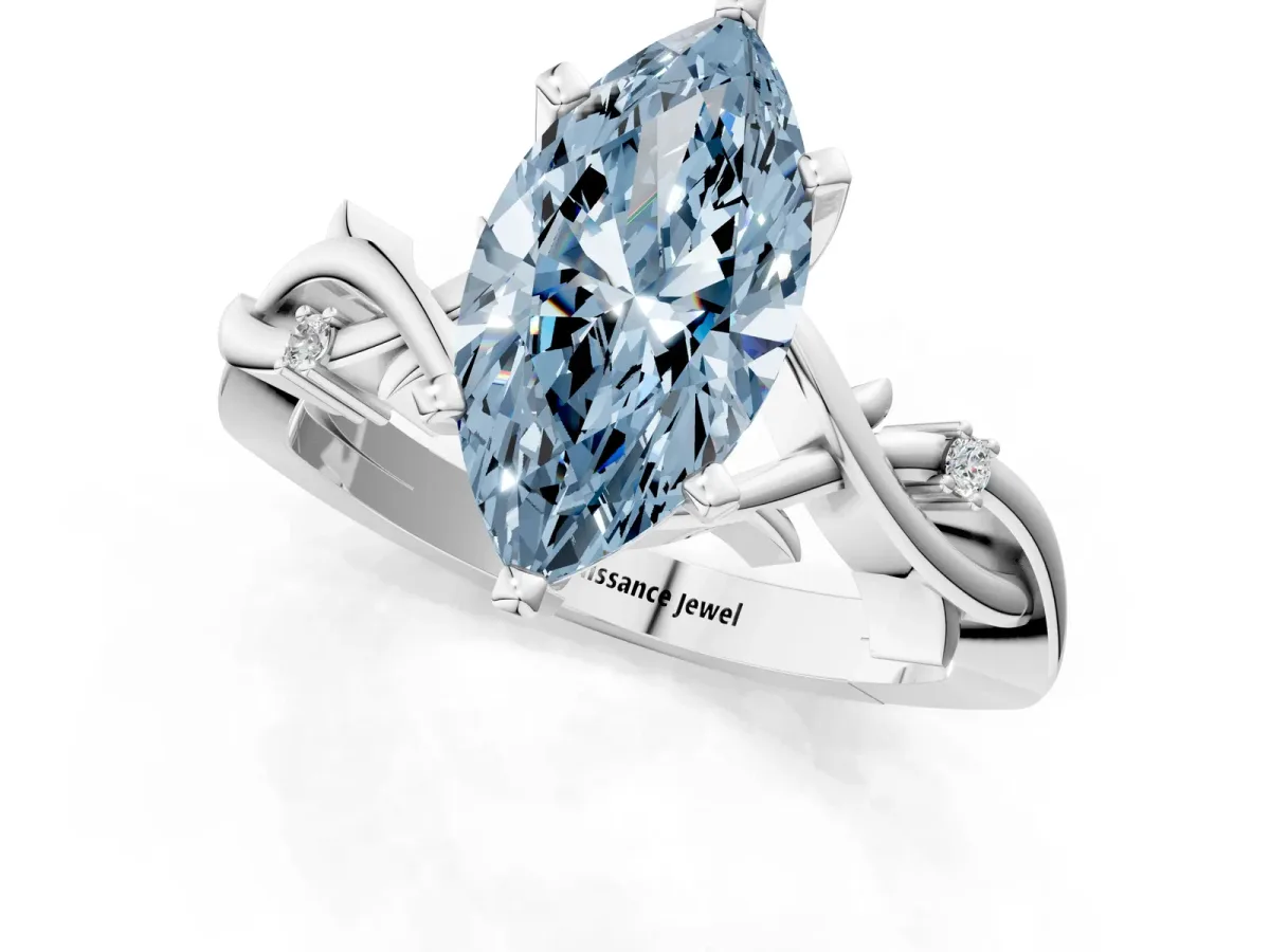 Fancy Blue Marquise Cut Diamond Solitaire Ring with Twisted Band and Prong Setting Platinum