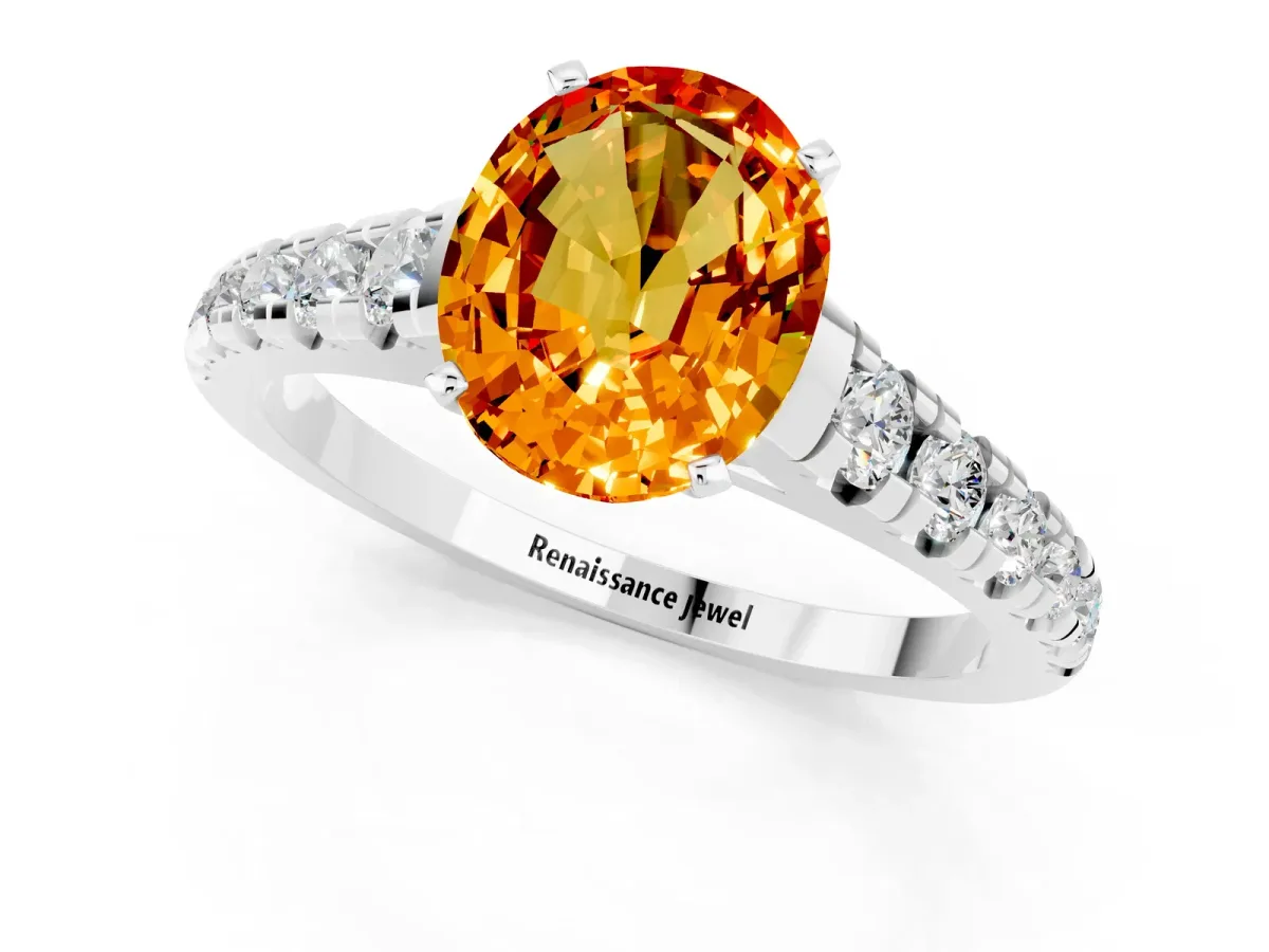 Oval Cut Citrine Cathedral Solitaire Ring with Round Pavé Band Silver