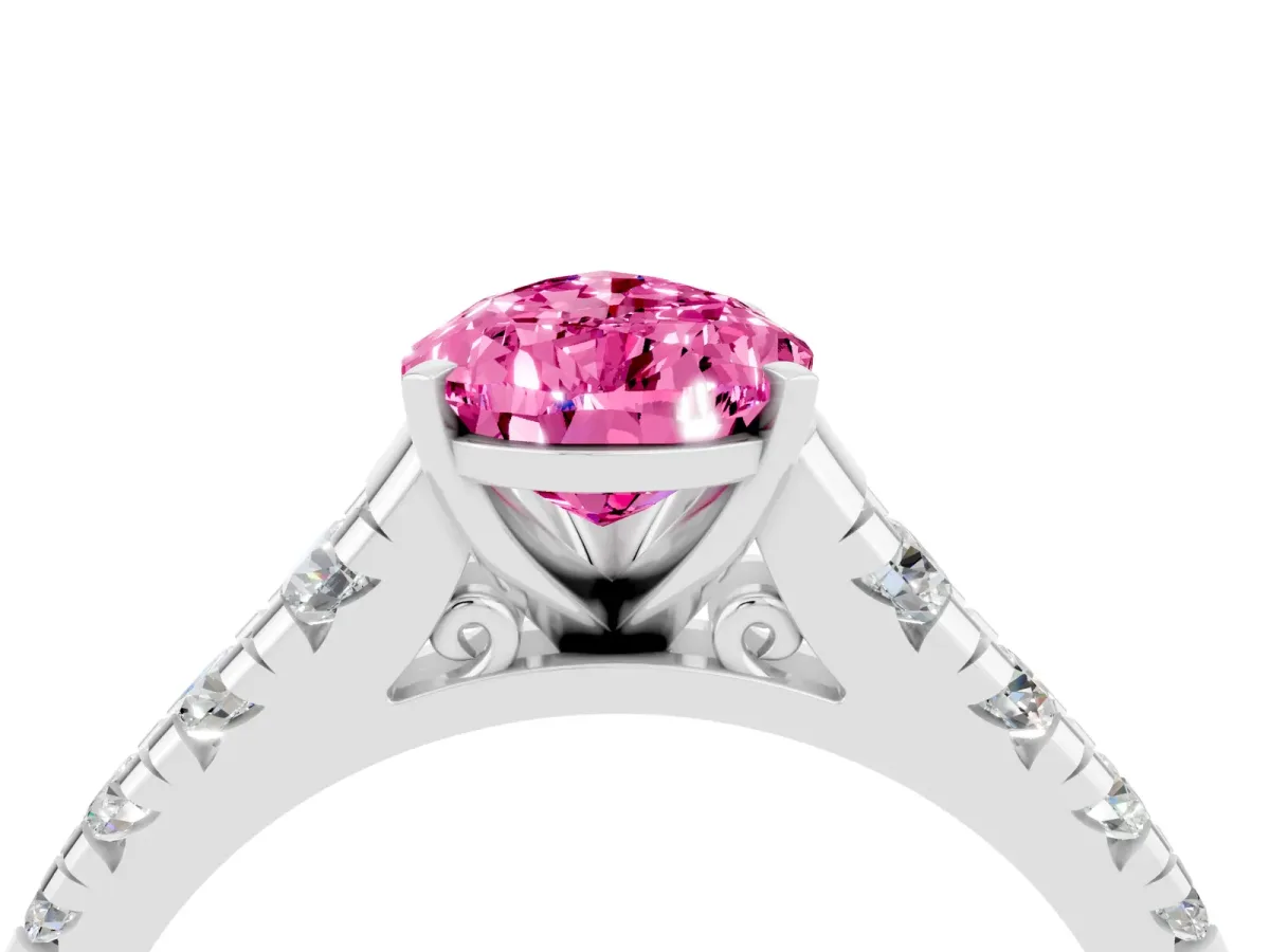 Pear Cut Pink Sapphire Cathedral Solitaire Ring with Round Pavé Band Silver