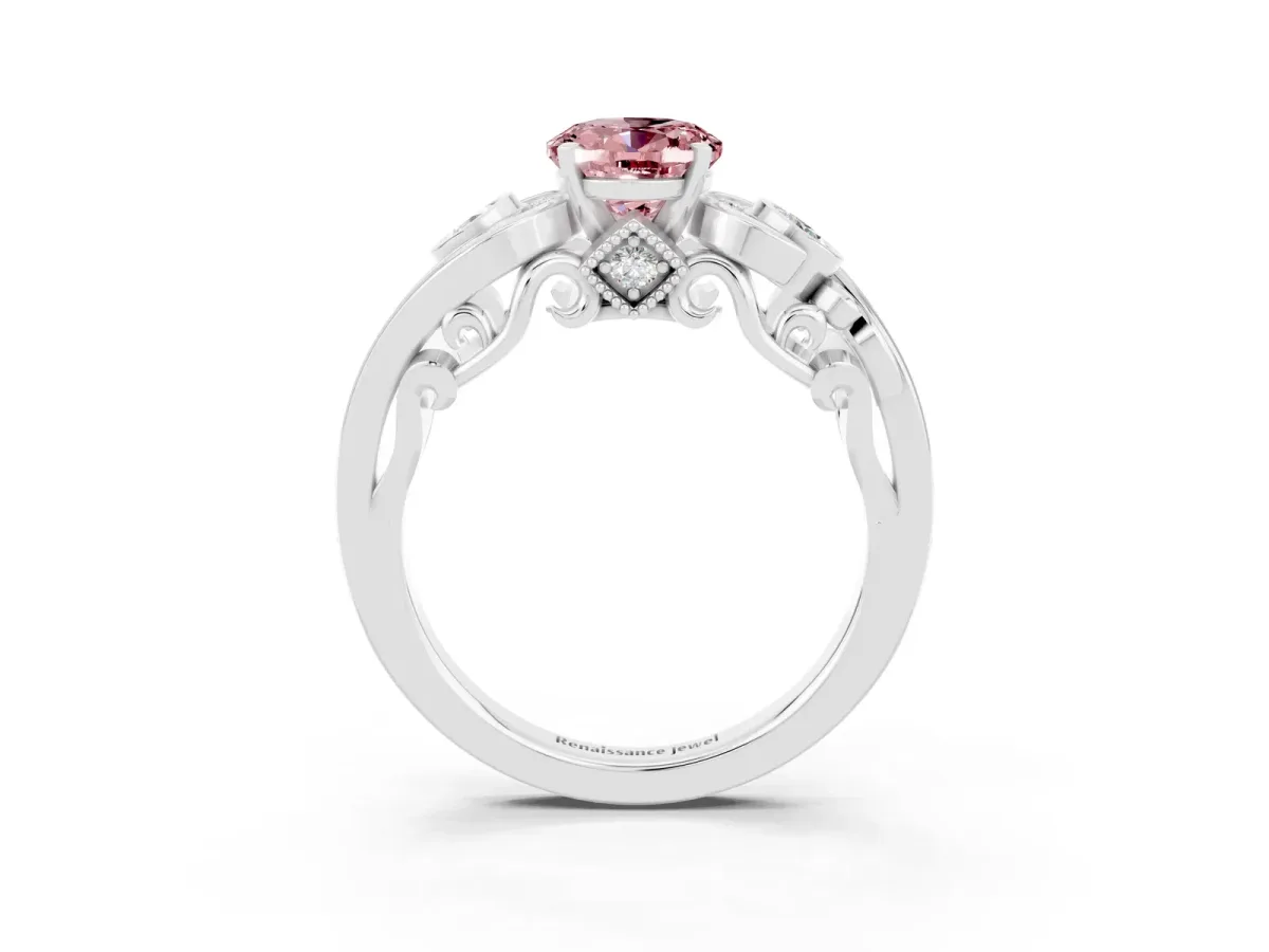 Oval Cut Morganite Solitaire Ring with Milgrain Pavé Band and Four-Prong Setting Silver