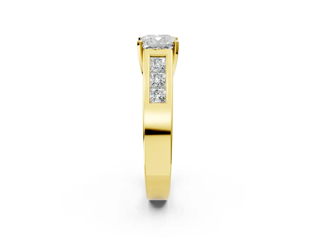 Cushion Cut Cut Channel Set Solitaire Ring with Four-Prong Setting Yellow gold