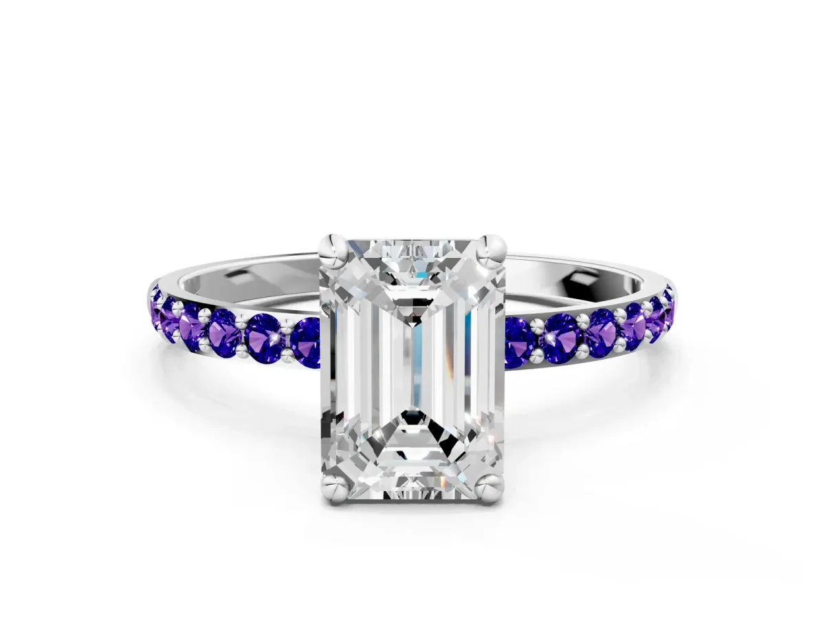Emerald Cut Diamond Solitaire Ring with Round Tanzanite Pavé Band and Prong Setting Silver
