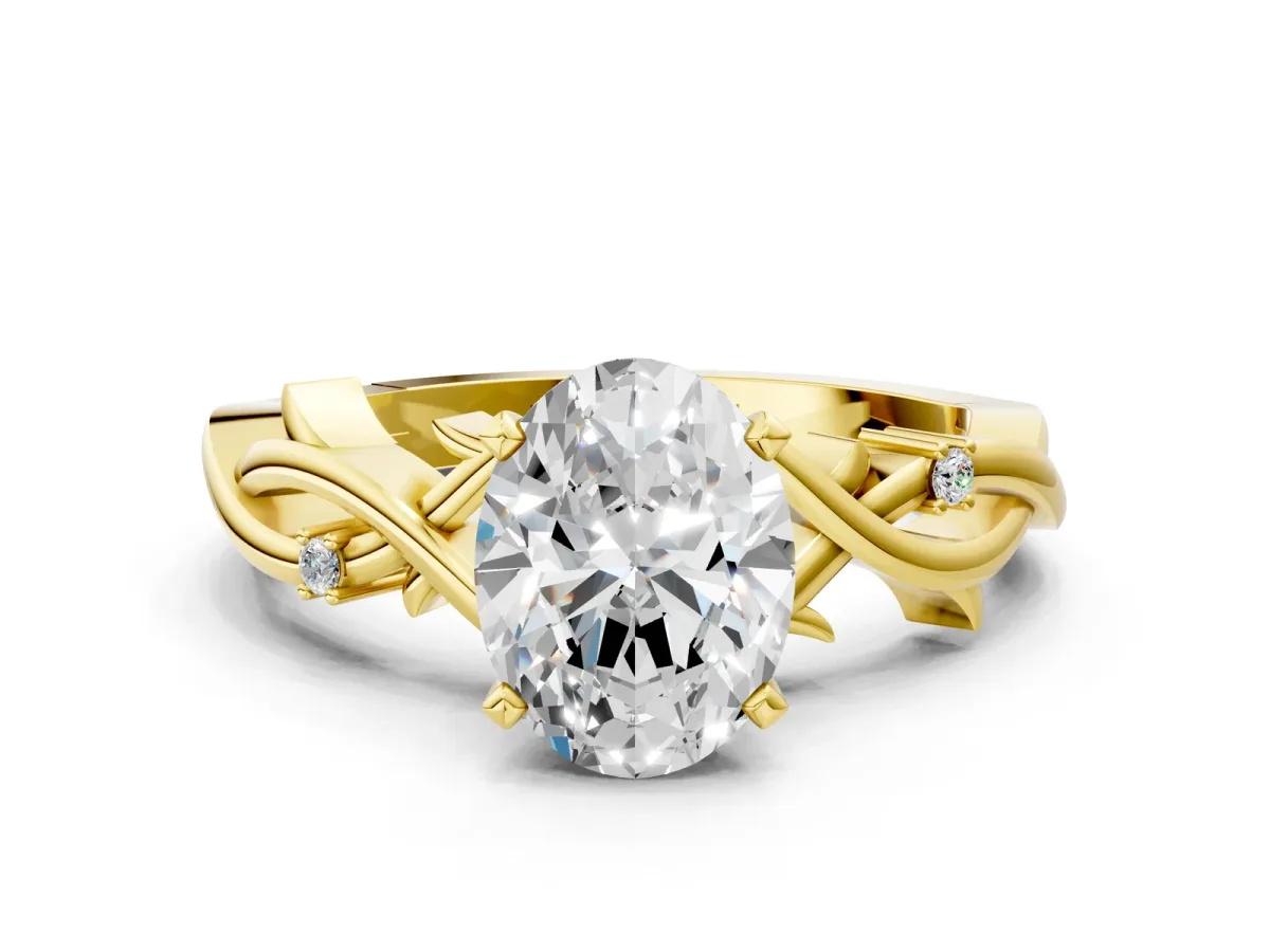 Oval Cut Diamond Solitaire Ring with Twisted Band and Prong Setting Yellow gold