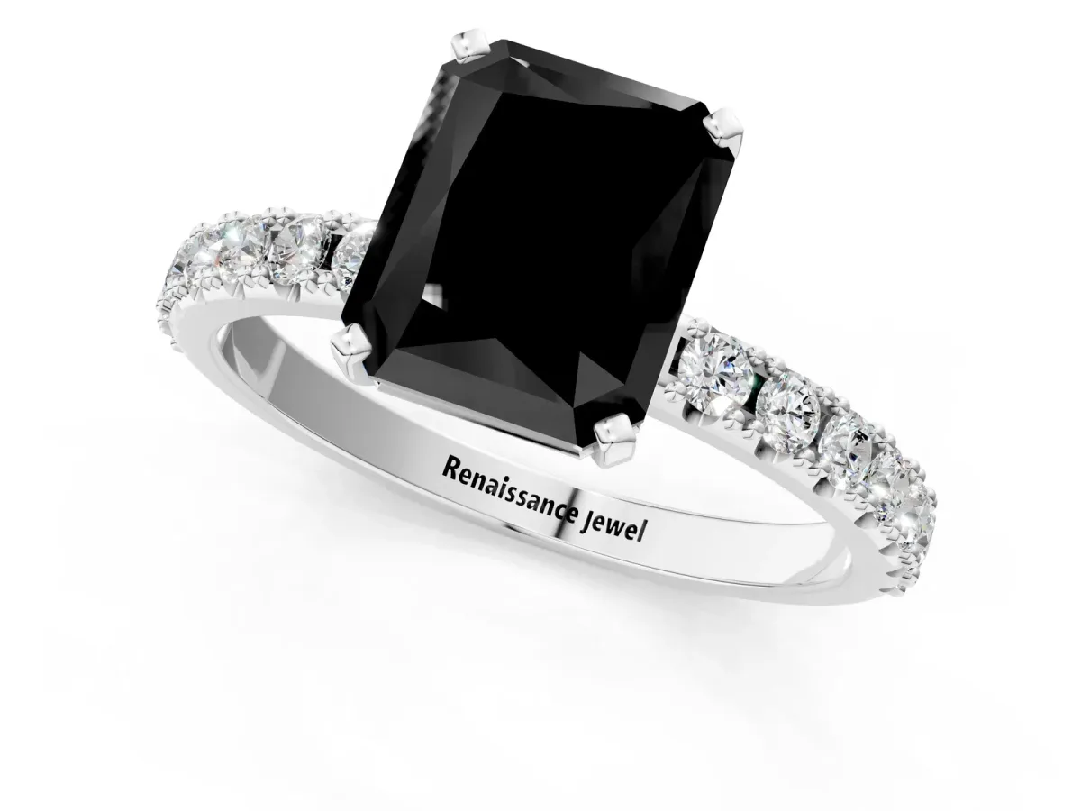 Fancy Black Radiant Cut Diamond Solitaire Pavé Band with Four-Prong Setting Silver