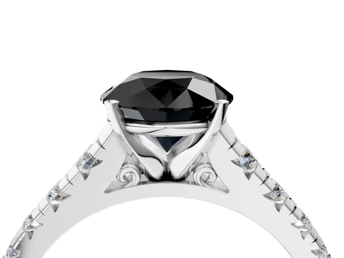 Fancy Black Round Cut Diamond Cathedral Solitaire Ring with Round Pavé Band Silver