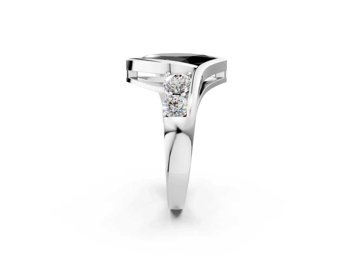 Fancy Black Bezel Set Marquise Cut Diamond Bypass Ring with Round Accents Silver