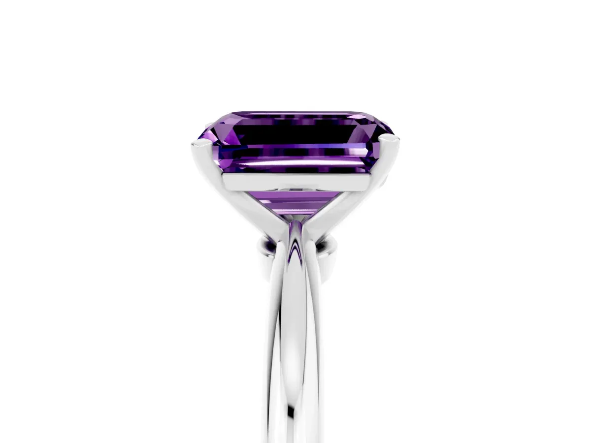 Emerald Cut Amethyst Solitaire Ring with Six-Prong Setting and Classic Band Silver