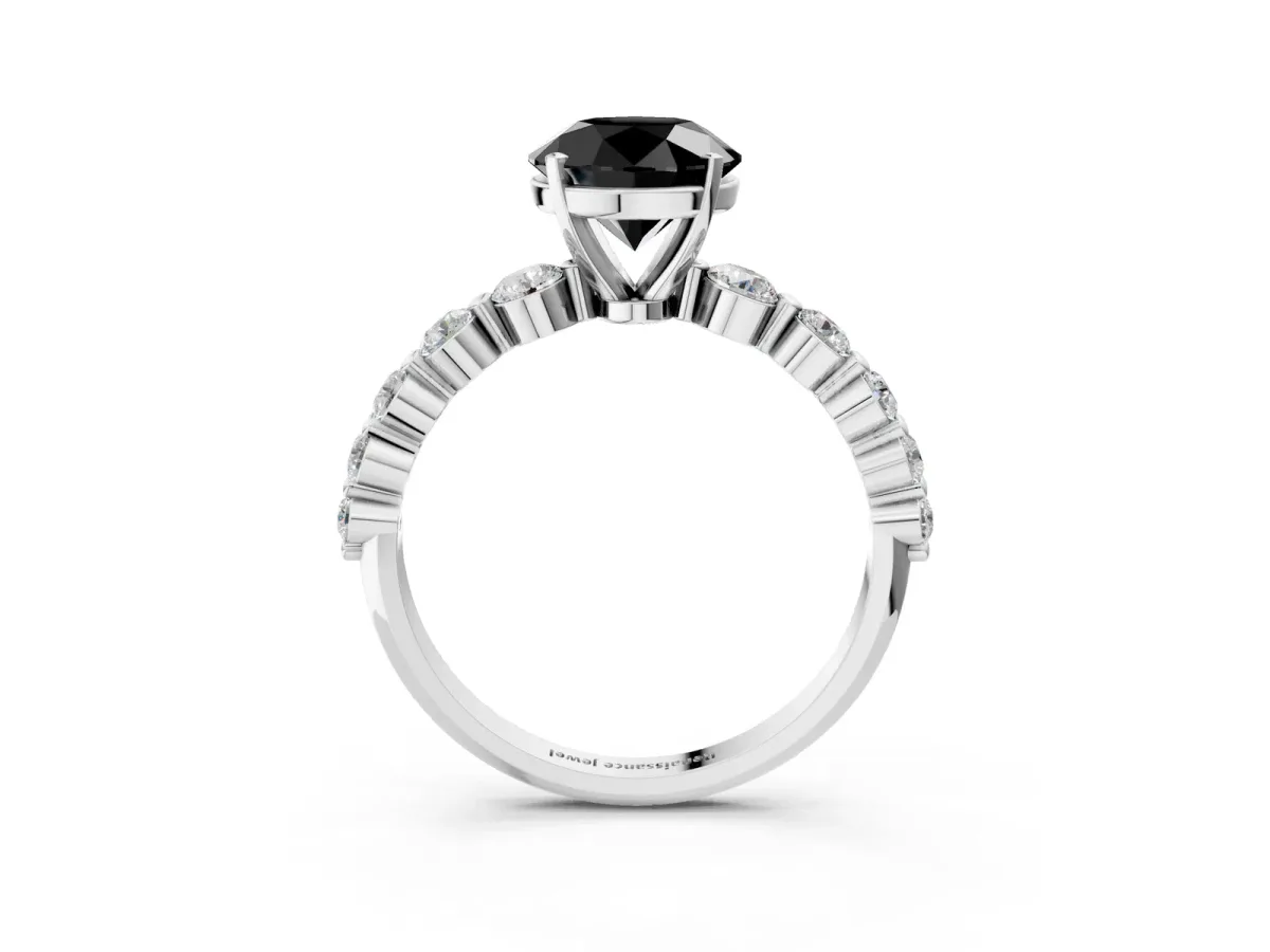 Fancy Black Round Cut Solitaire Diamond Ring with Pave Band and Four-Prong Setting Silver