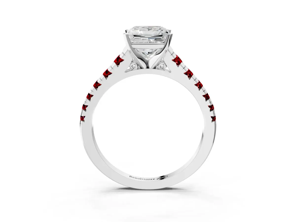 Princess Cut Diamond Cathedral Solitaire Ring with Round Ruby Pavé Band Silver