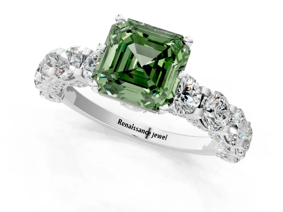 Fancy Green Asscher Cut Diamond Side Stone Engagement Ring with Four-Prong Setting White gold