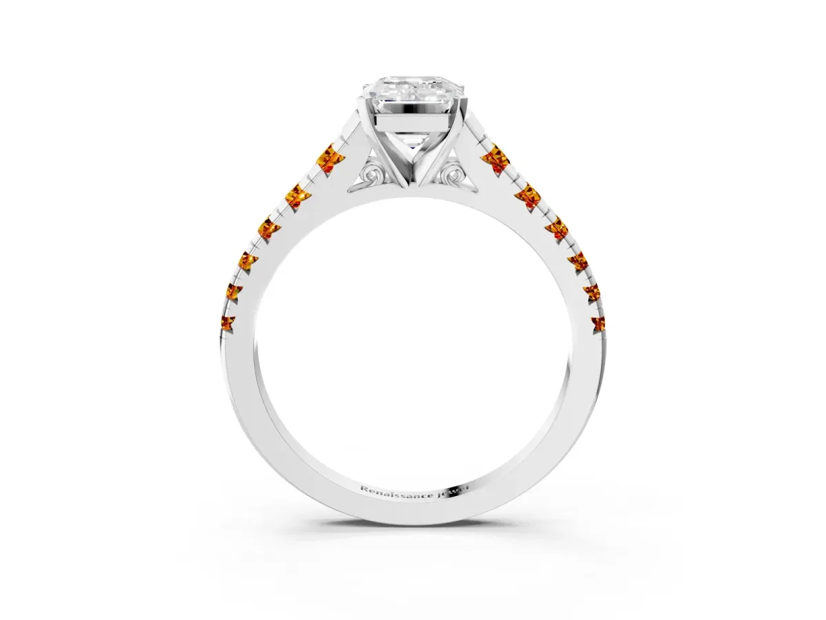 Emerald Cut Diamond Cathedral Solitaire Ring with Round Citrine Pavé Band Silver