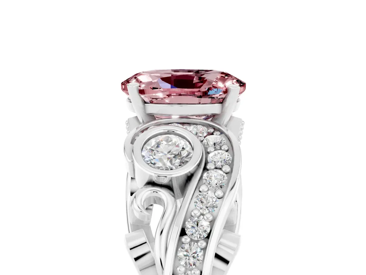 Oval Cut Morganite Solitaire Ring with Milgrain Pavé Band and Four-Prong Setting Silver