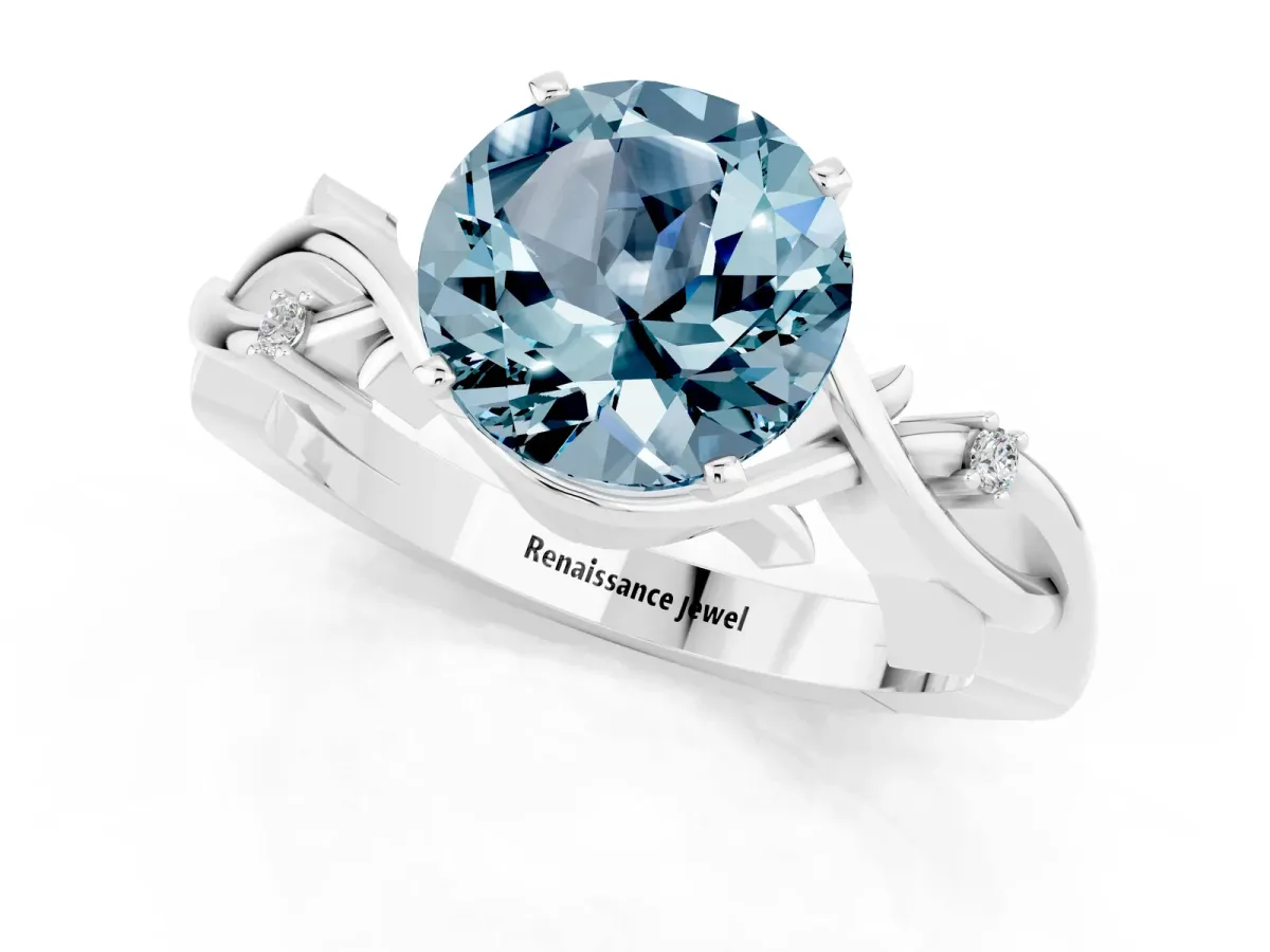Round Cut Aquamarine Solitaire Ring with Twisted Band and Prong Setting Platinum