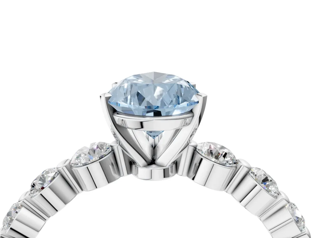 Fancy Blue Pear Cut Solitaire Diamond Ring with Pave Band and Four-Prong Setting Silver