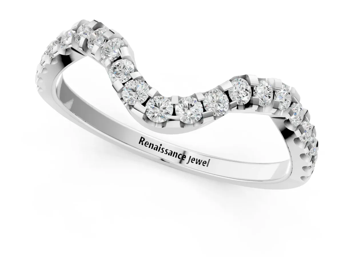Round Diamond Pavé Chevron Wedding Band with Prong Setting Silver