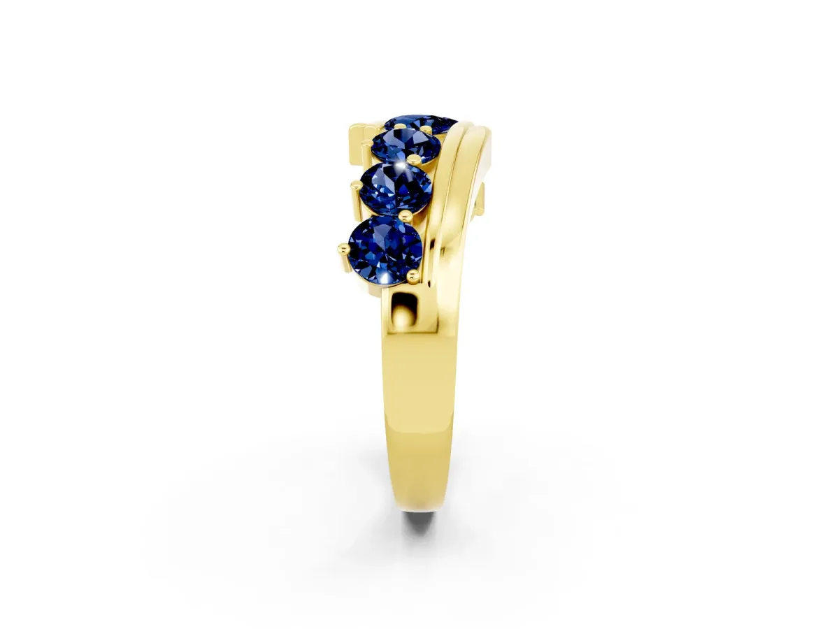 Round Blue Sapphire Wave Band with Channel and Shared Prong Setting Yellow gold