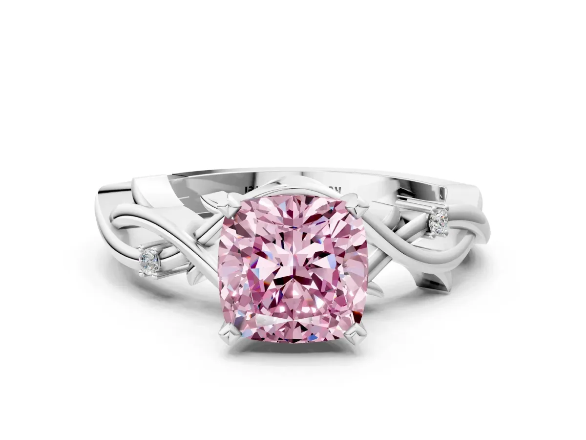 Fancy Pink Cushion Cut Diamond Solitaire Ring with Twisted Band and Prong Setting Silver