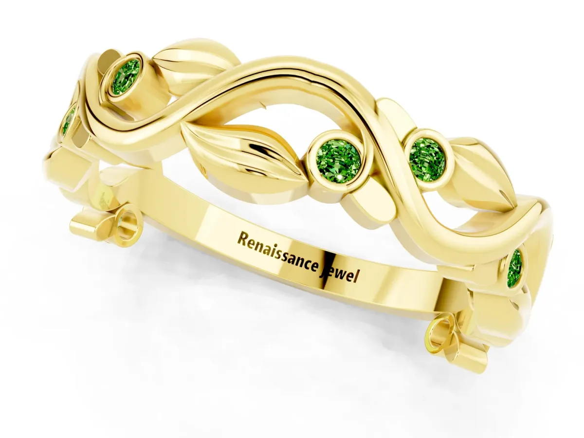 Round Peridot Leaf Eternity Band with Bezel Setting Yellow gold