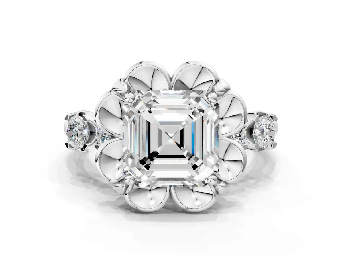 Asscher Cut Cut Diamond Floral Halo Engagement Ring with Shared Prong Setting Silver