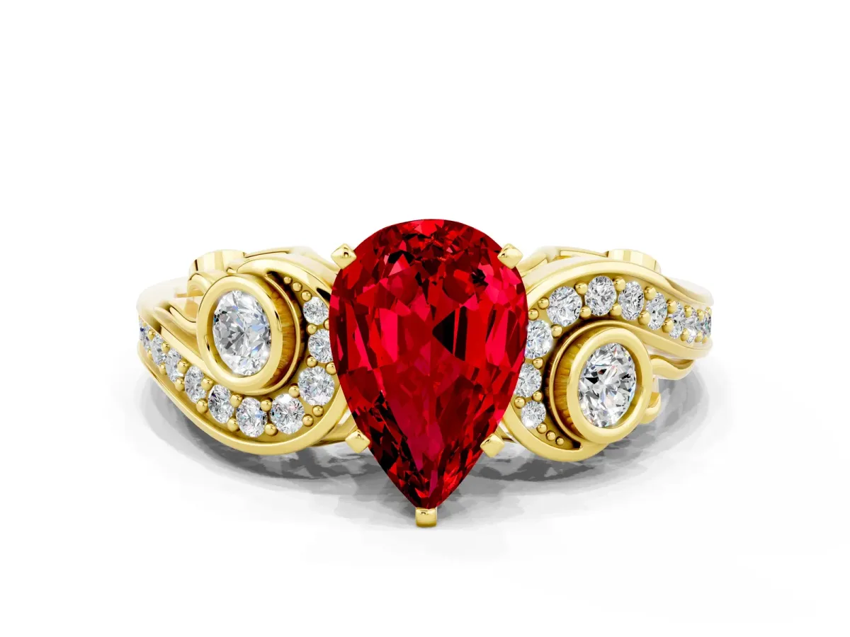 Pear Cut Ruby Solitaire Ring with Milgrain Pavé Band and Four-Prong Setting Yellow gold