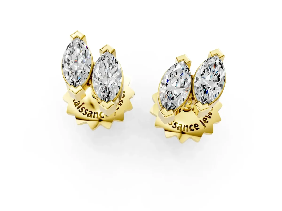 Marquise Diamond Two Stone Stud Earrings Yellow gold