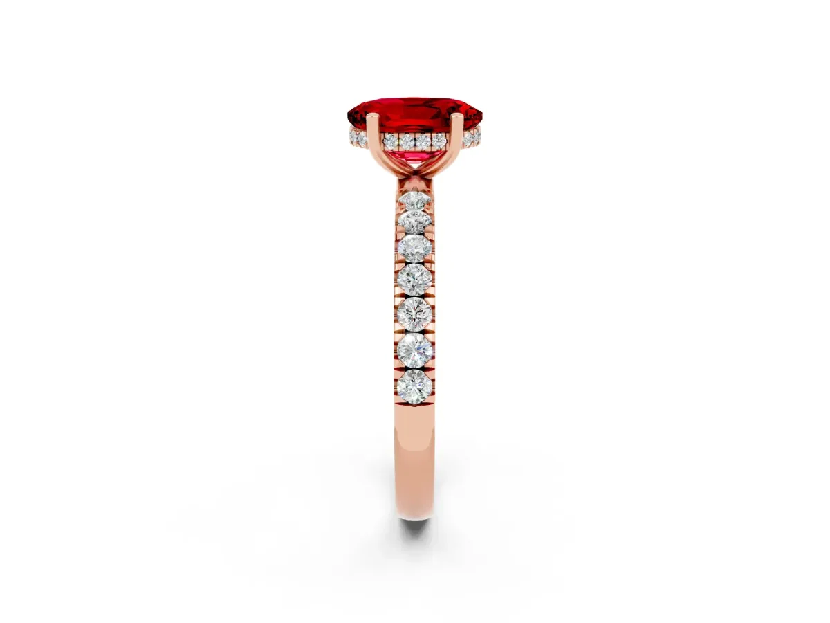 Oval Cut Ruby Pave Band Solitaire Ring with Round and Prong Setting Rose gold