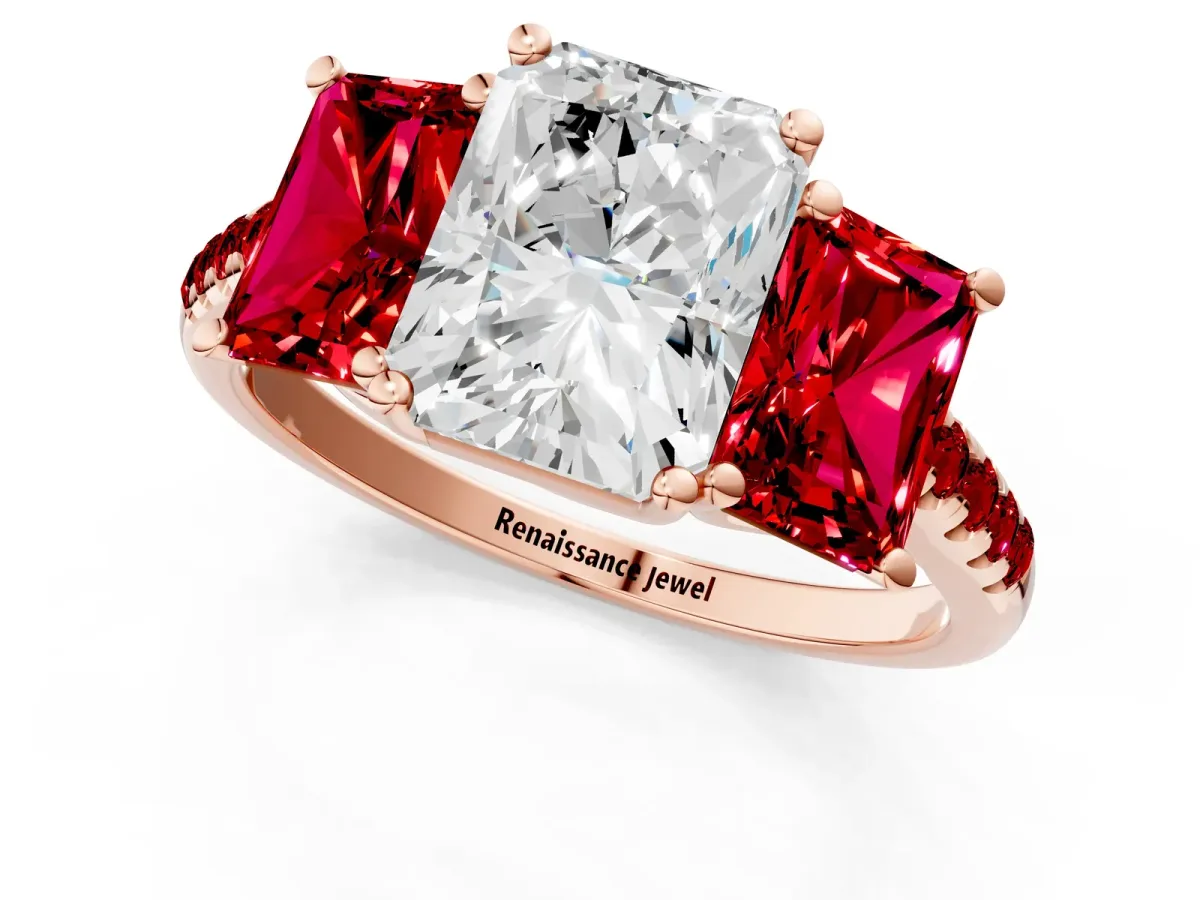 Three-Stone Radiant Cut Diamond Ring with Round Ruby Pavé Band and Prong Setting Rose gold