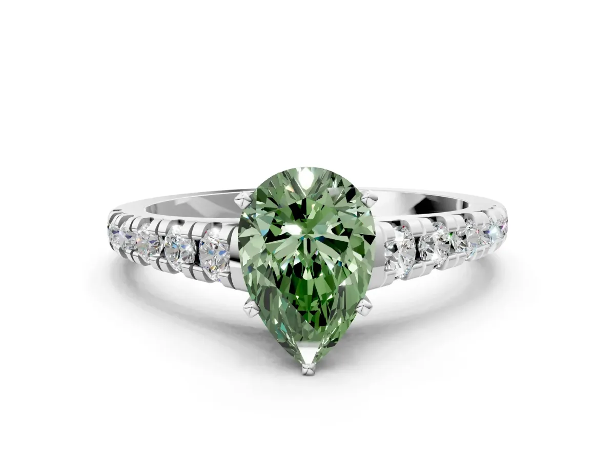 Fancy Green Pear Cut Diamond Cathedral Solitaire Ring with Round Pavé Band Silver