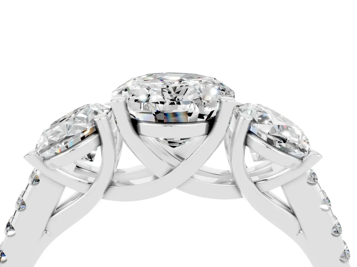 Three-Stone Oval Cut Moissanite Ring with Round Pavé Band and Prong Setting Silver