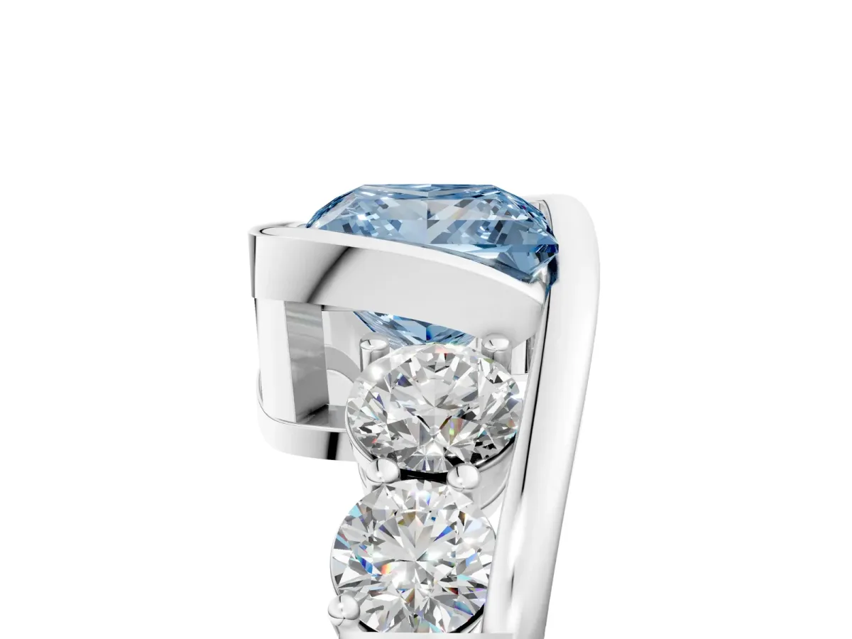 Fancy Blue Bezel Set Princess Cut Diamond Bypass Ring with Round Accents Platinum