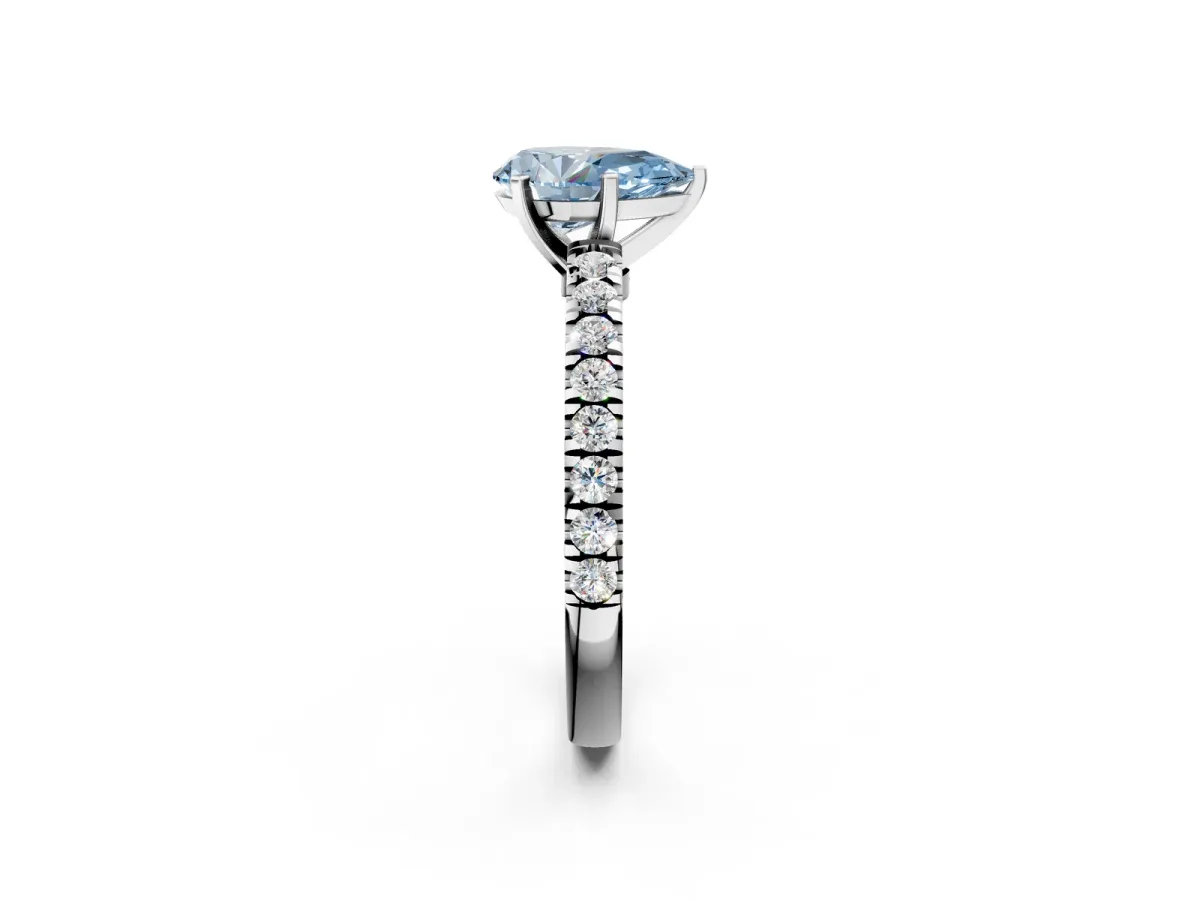 Fancy Blue Pear Cut Solitaire Diamond with Pavé Band and Four-Prong Setting Silver