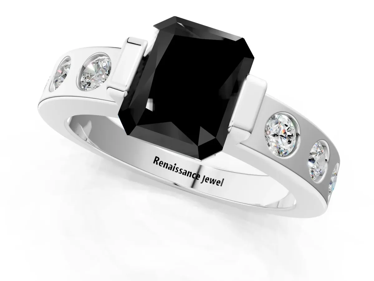 Fancy Black Radiant Cut Brilliant Channel-Set Diamond Ring with Bezel Prong Setting Platinum