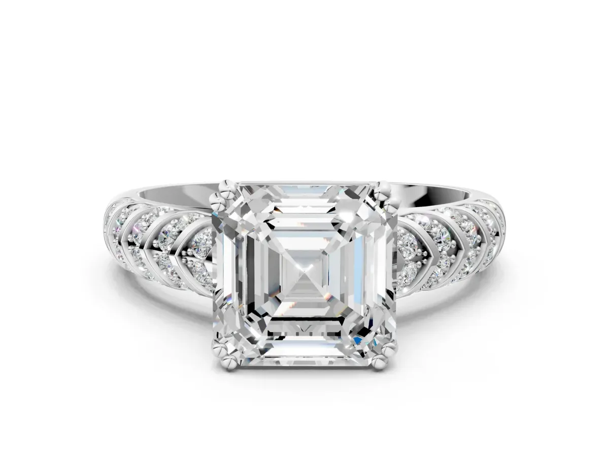 Asscher Cut Solitaire Chevron Pave Diamond Engagement Ring with Six-Prong Setting Platinum