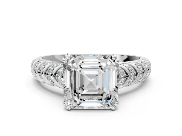 Asscher Cut Solitaire Chevron Pave Diamond Engagement Ring with Six-Prong Setting Platinum