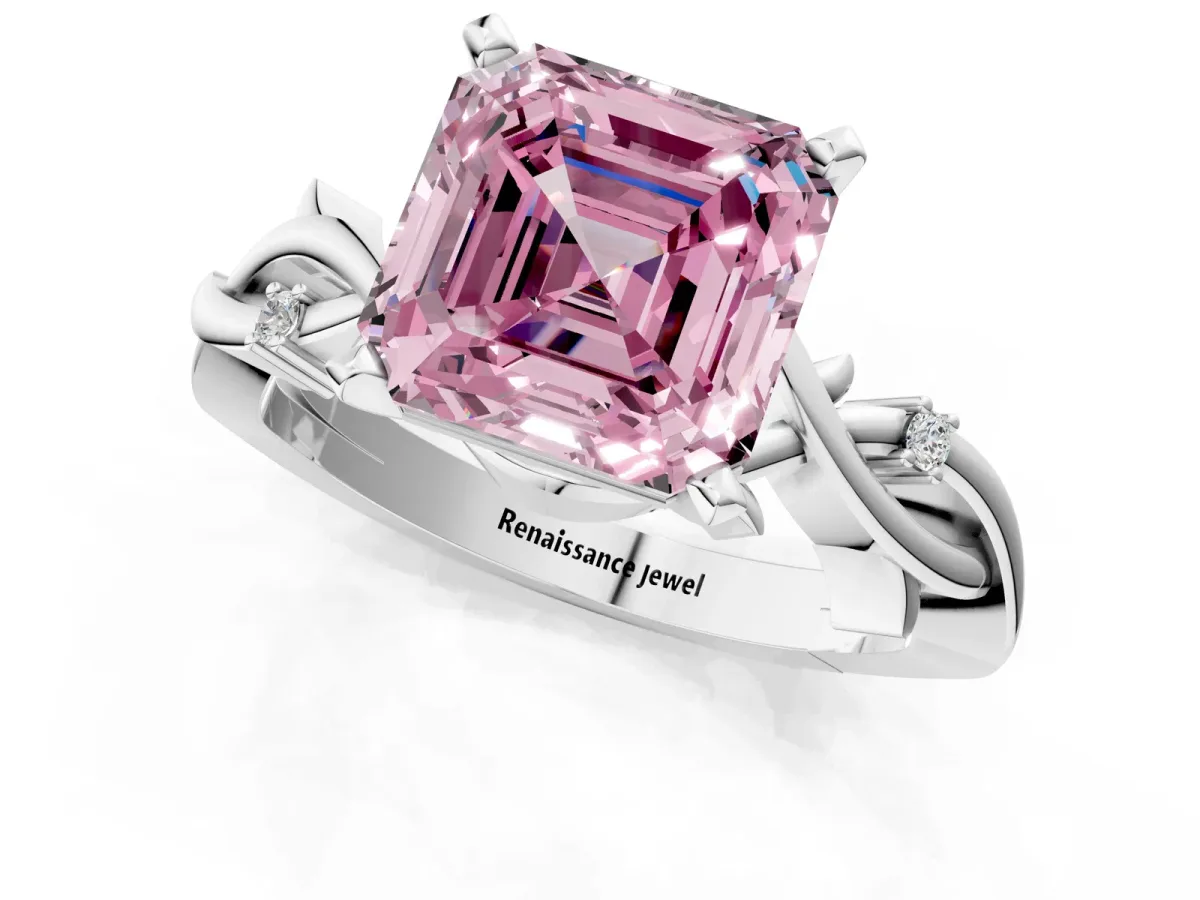 Fancy Pink Asscher Cut Diamond Solitaire Ring with Twisted Band and Prong Setting Platinum
