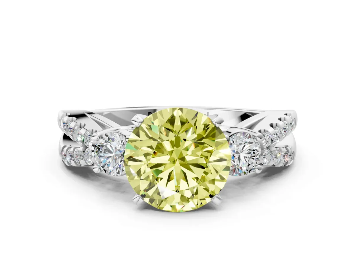 Fancy Yellow Round Cut Diamond Three-Stone Ring with Pavé Split Shank and Four-Prong Setting Silver