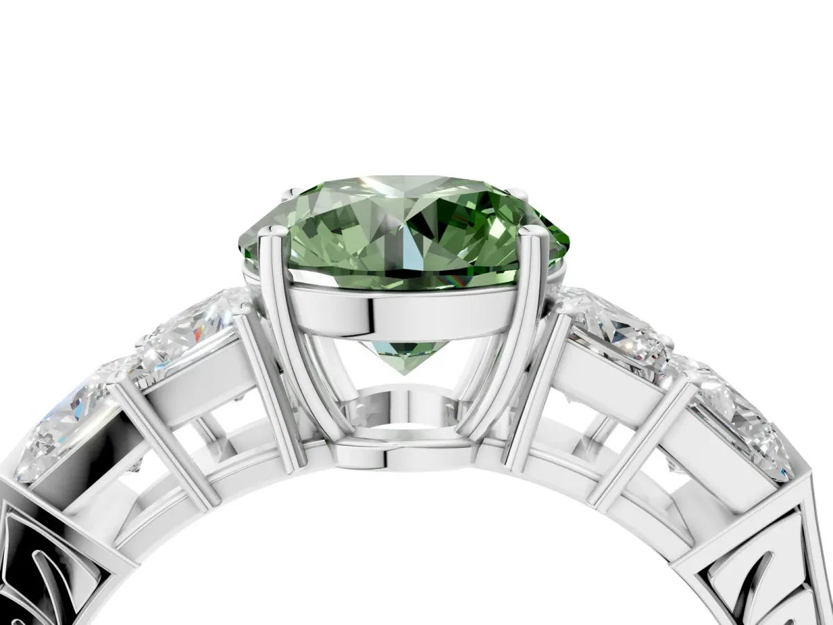 Fancy Green Round Cut Solitaire Princess Side Stone Engraved Band Prong Setting Ring Silver