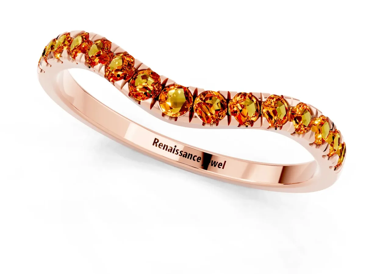 Curved Pavé Round Citrine Wedding Band with Shared Prong Setting Rose gold