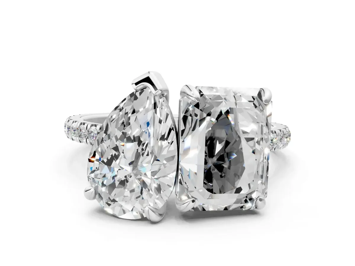 Pear and Emerald Toi Moi Ring with Prong Setting and Micro Pave Band Silver